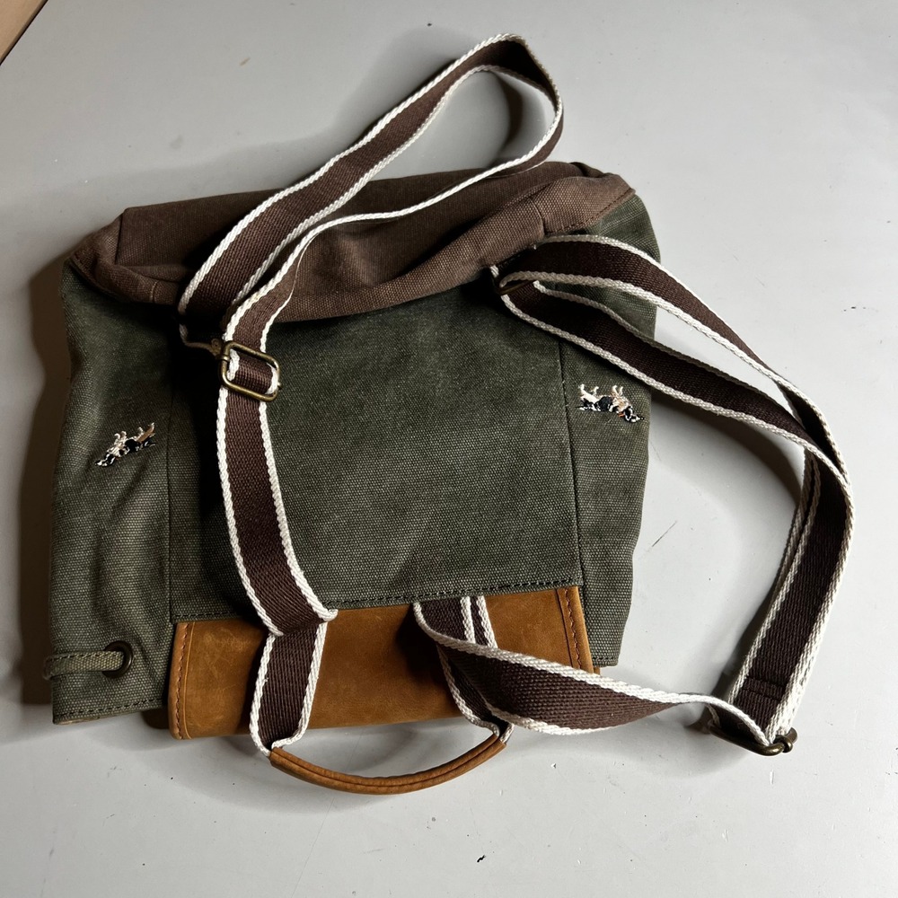 LL Bean Olive Canvas Dog Embroidered Rucksack Leather Flap Backpack Spaniel - Picture 6 of 8